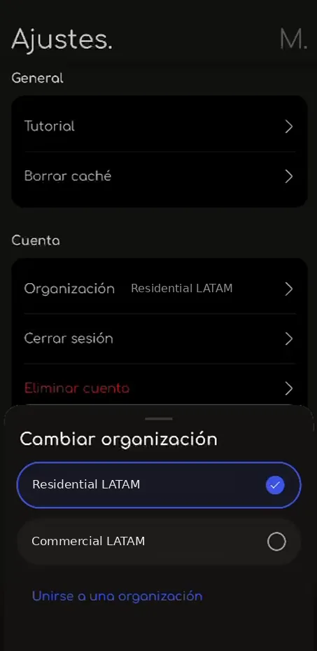 Pantalla Ajustes, Organización